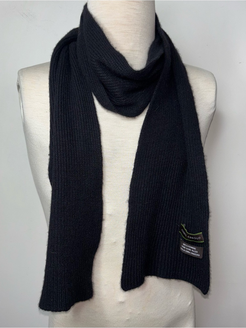 Joseph Abboud 100% Cashmere Scarf Black Ribbed Knit 6" x 79"